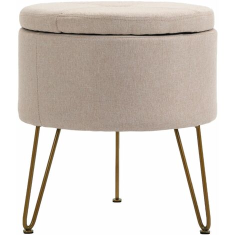 Premium Fabric Round Footstool in Light Brown | Upholstered Foot Rest / Ottoman / Pouffe with Metal Legs