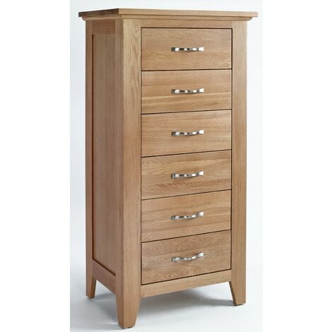 Hallowood Furniture Camberley Oak Chest of Drawers Narrow 6 Drawers Chest in Light Oak Finish Solid Wooden Tall Bedroom Storage Unit with Metal