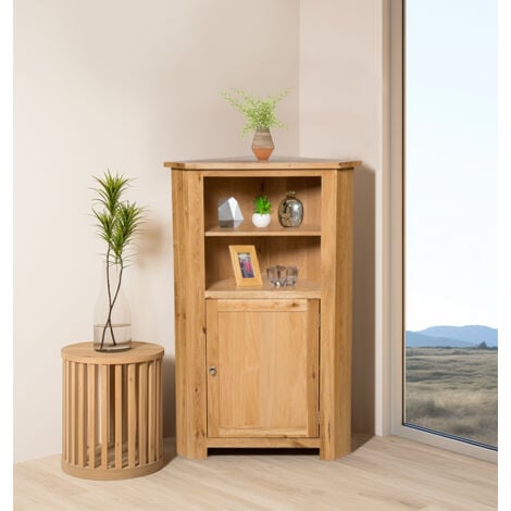 Waverly Oak Corner Storage Cabinet in Light Oak Finish | Low Cupboard with Shelf | Solid Wooden Unit