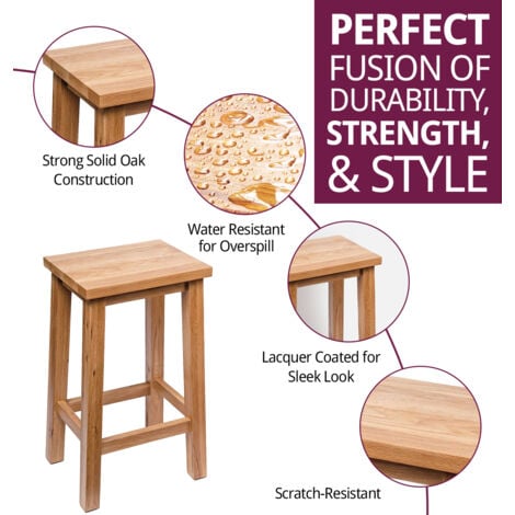Hallowood Furniture Camberley Oak Breakfast Bar Stool in Light Oak Finish, Sturdy Wooden Stool with Foot Rest for Kitchen