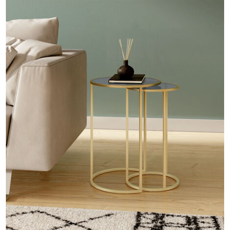 Hallowood Furniture 2 Small Metal Nest of Tables in Gold, Tinted Glass Top Side Table, Coffee Table, Lamp Table, Plant Table, Round Nest of Tables for Living Room & Hallway