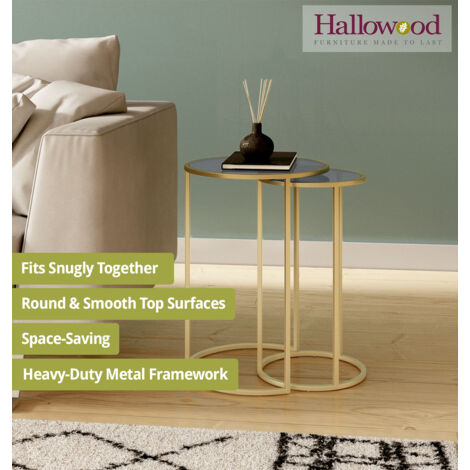 Hallowood Furniture 2 Small Metal Nest of Tables in Gold, Tinted Glass Top Side Table, Coffee Table, Lamp Table, Plant Table, Round Nest of Tables for Living Room & Hallway
