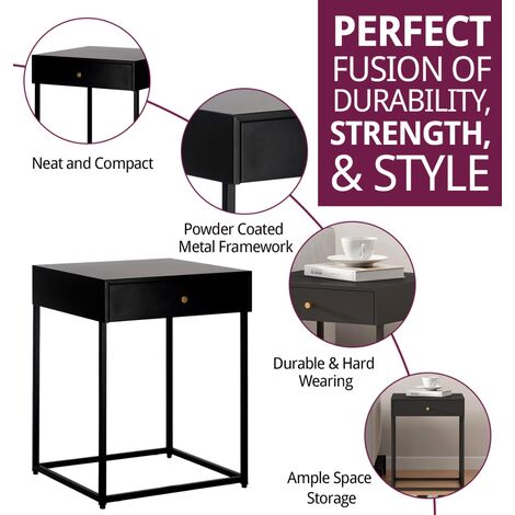 Hallowood Furniture Bewdley Black Side Table with 1 Drawer, Bedside Table with Metal Frame, Modern Sofa Side Table, Telephone Table, Magazine Table, Small Table for Living Room