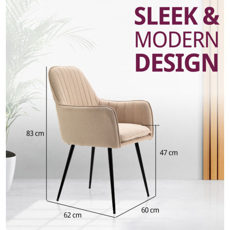 Hallowood Furniture Dining Chairs Set of 2, Light Brown Fabric Scandinavian Chair with Armrest & Sturdy Metal Legs in Black Finishing, Chairs for Dining Room, Kitchen, Restaurant & Cafe