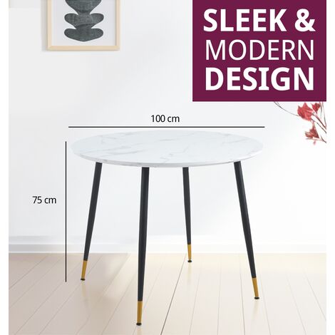 Hallowood Furniture Finley Round Dining Table, Small Table with White Marble Effect Top and Black Metal Legs, Dining Table, Kitchen Table, Wood & Metal Round Table for Home & Cafe