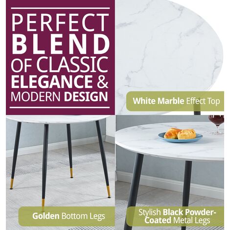 Hallowood Furniture Finley Round Dining Table, Small Table with White Marble Effect Top and Black Metal Legs, Dining Table, Kitchen Table, Wood & Metal Round Table for Home & Cafe
