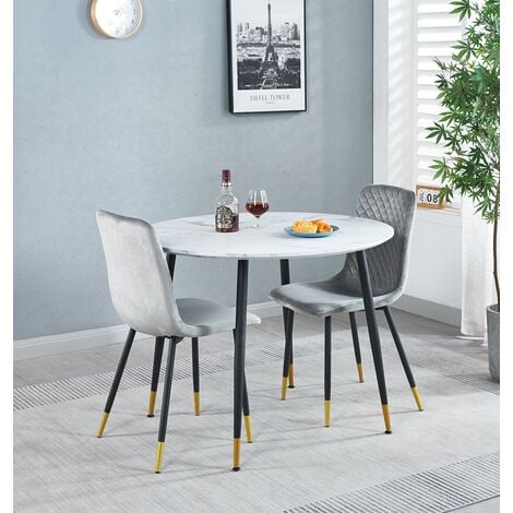 Finley Round Dining Table in White Marble Effect Finish and 2 Velvet Fabric Chairs Set with Metal Legs