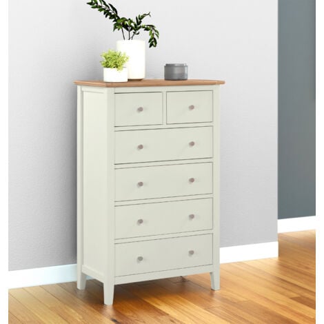 Hallowood Furniture Clifton Oak Chest of Drawers, Green Off White Painted Large 6 Storage Drawers, Solid Wooden Tall Bedroom Storage Unit with 2 Over 4 Drawers, Hallway Storage Unit