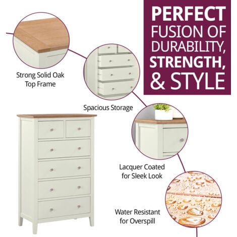 Hallowood Furniture Clifton Oak Chest of Drawers, Green Off White Painted Large 6 Storage Drawers, Solid Wooden Tall Bedroom Storage Unit with 2 Over 4 Drawers, Hallway Storage Unit