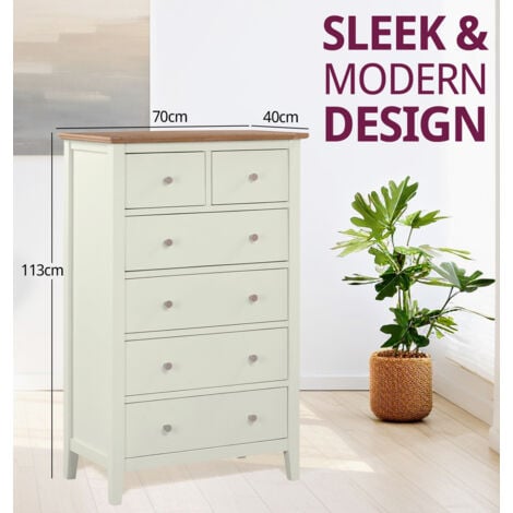 Hallowood Furniture Clifton Oak Chest of Drawers, Green Off White Painted Large 6 Storage Drawers, Solid Wooden Tall Bedroom Storage Unit with 2 Over 4 Drawers, Hallway Storage Unit