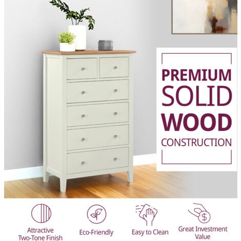 Hallowood Furniture Clifton Oak Chest of Drawers, Green Off White Painted Large 6 Storage Drawers, Solid Wooden Tall Bedroom Storage Unit with 2 Over 4 Drawers, Hallway Storage Unit