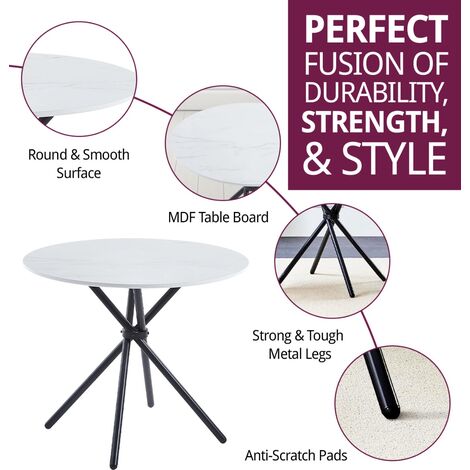 Hallowood Furniture Cullompton Small Dining Table, Round Dining Table, White Marble Effect Dining Table with Black Metal Legs, Kitchen Table, Small Table for Home and Cafe (90cm)