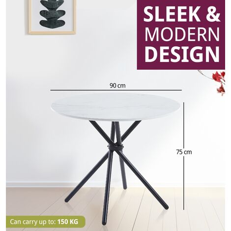 Hallowood Furniture Cullompton Small Dining Table, Round Dining Table, White Marble Effect Dining Table with Black Metal Legs, Kitchen Table, Small Table for Home and Cafe (90cm)