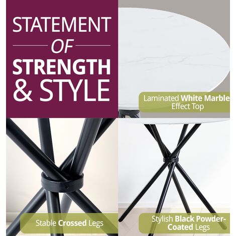Hallowood Furniture Cullompton Small Dining Table, Round Dining Table, White Marble Effect Dining Table with Black Metal Legs, Kitchen Table, Small Table for Home and Cafe (90cm)