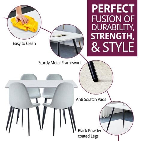 Hallowood Furniture Cullompton Small Dining Table and Chairs Set 4, White Marble Effect Dining Table (120x70cm) and Fabric Chairs with Black Metal Legs, Dining Room Set