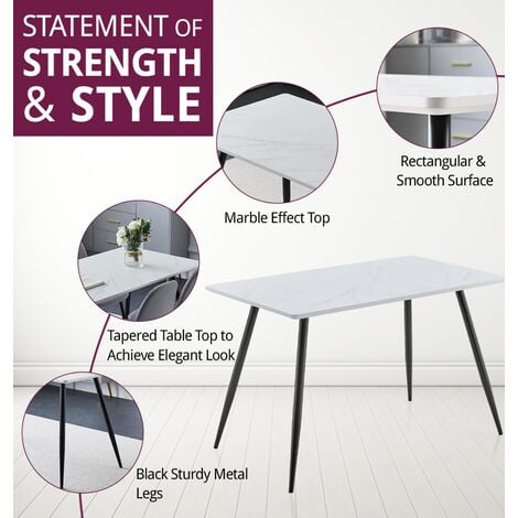 Hallowood Furniture Cullompton Small Dining Table and Chairs Set 4, White Marble Effect Dining Table (120x70cm) and Fabric Chairs with Black Metal Legs, Dining Room Set