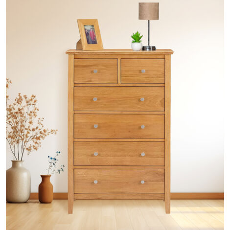 Hallowood Furniture Hereford Oak Chest of Drawers with 6 Wooden Drawers, Solid Light Oak Dresser, 2 Over 4 Chest for Bedroom, Living Room & Hallway, Fully Assembled Bedroom Furniture (1/5)