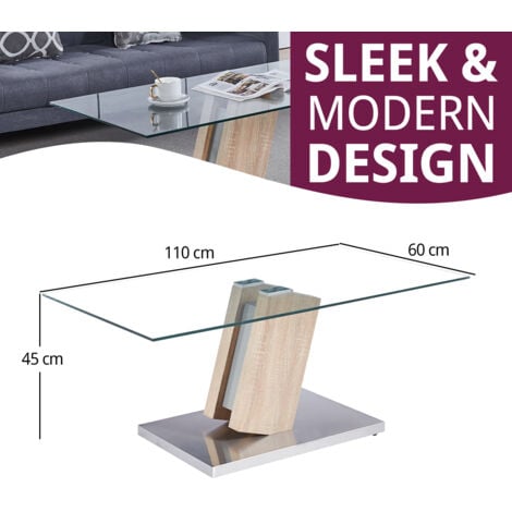 Hallowood Furniture Finely Large Coffee Table with Glass Top, Modern Centre Table for Living Room with Metal and Wooden Frame, Occasional Table, Entertainment Table, Stylish Side Table
