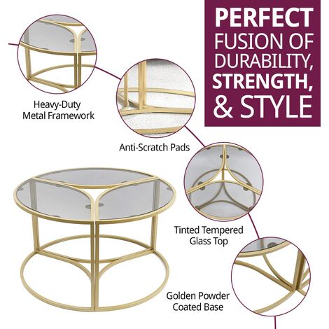 Hallowood Furniture Bourton Golden Metal Coffee Table Set 3, Modern Table with Tinted Glass Top, Side Table with Power Coated Frame, Sofa Side Table, Centre Table  Living Room