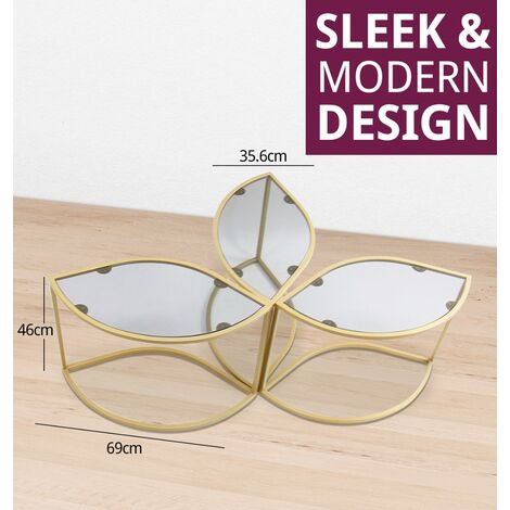 Hallowood Furniture Bourton Golden Metal Coffee Table Set 3, Modern Table with Tinted Glass Top, Side Table with Power Coated Frame, Sofa Side Table, Centre Table  Living Room