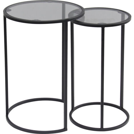 Hallowood Furniture Bourton Small Black Metal Round Nest of Tables Set of 2, Tinted Glass Top Coffee Table, Nesting Glass Side Tables For Living Room, Bedroom or Hallway (1/5)