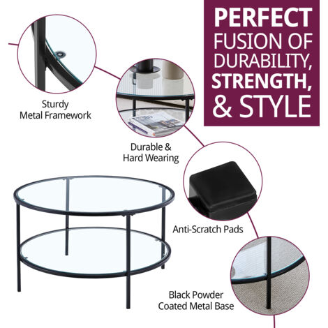 Hallowood Furniture Kempley Black Coffee Table with Glass Top & Shelf, Coffee Table with Black Metal Legs, Round Coffee Table, Glass Coffee Table, Living Room Tables
