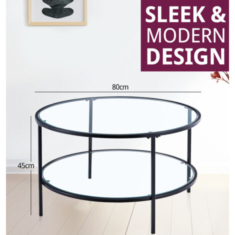 Hallowood Furniture Kempley Black Coffee Table with Glass Top & Shelf, Coffee Table with Black Metal Legs, Round Coffee Table, Glass Coffee Table, Living Room Tables