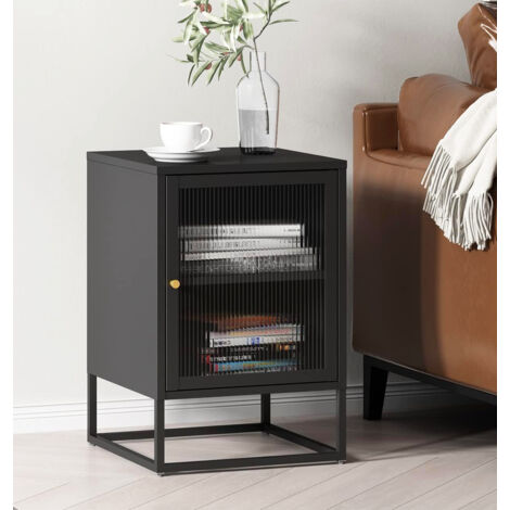 Hallowood Furniture Bewdley Small Metal Cabinet, Black Side Table with Glass Door, Bedside Table with Powder Coated Metal Frame, Glazed Cupboard, Metal Cupboard for Living Room