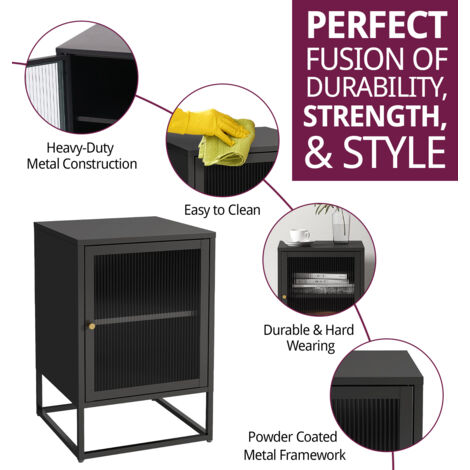 Hallowood Furniture Bewdley Small Metal Cabinet, Black Side Table with Glass Door, Bedside Table with Powder Coated Metal Frame, Glazed Cupboard, Metal Cupboard for Living Room