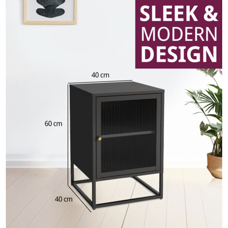 Hallowood Furniture Bewdley Small Metal Cabinet, Black Side Table with Glass Door, Bedside Table with Powder Coated Metal Frame, Glazed Cupboard, Metal Cupboard for Living Room