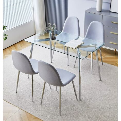 Hallowood Furniture Cullompton Glass Dining Table and Chairs Set 4 with Sturdy Chrome Metal Legs, 4-6 Seater Rectangular Dining Room Table for Kitchens or Cafés, Glass Desk for Office (1/5)