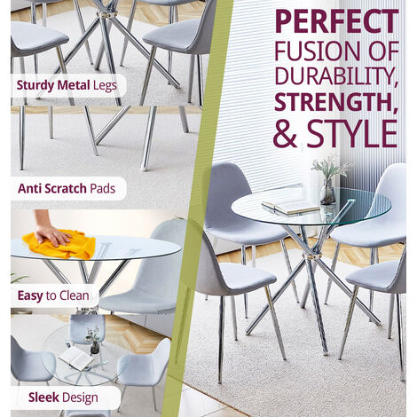 Hallowood Furniture Cullompton Small Glass Dining Table and Chairs Set 4, Round Dining Table (90cm) and Grey Fabric Chairs, Kitchen Table and Chairs, Dining Room Sets for Home and Cafe