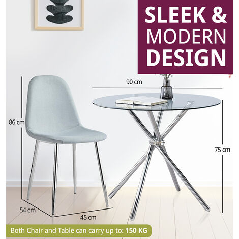 Hallowood Furniture Cullompton Small Glass Dining Table and Chairs Set 4, Round Dining Table (90cm) and Grey Fabric Chairs, Kitchen Table and Chairs, Dining Room Sets for Home and Cafe