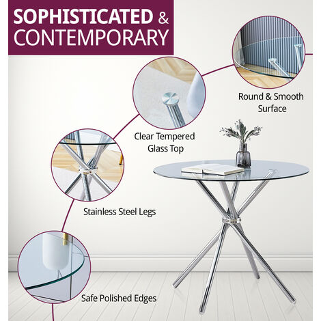 Hallowood Furniture Cullompton Small Glass Dining Table and Chairs Set 4, Round Dining Table (90cm) and Grey Fabric Chairs, Kitchen Table and Chairs, Dining Room Sets for Home and Cafe