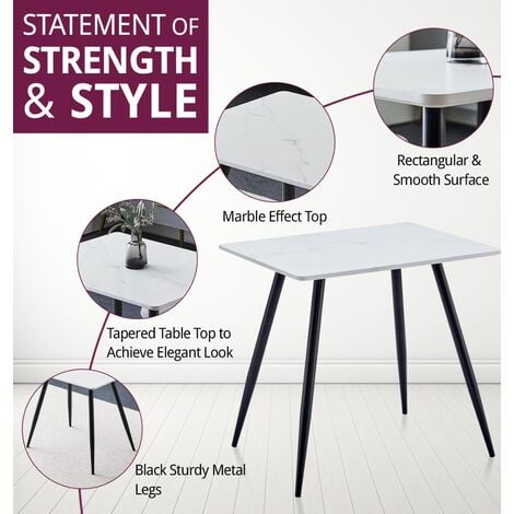 Hallowood Furniture Cullompton Small Rectangular Dining Table and Chairs Set 2, Dining Table with White Marble Effect Top & Black Metal Legs (0.8m) and Fabric Chairs, Dining Room Set