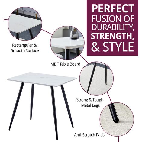 Hallowood Furniture Cullompton Small Dining Table, Rectangular Kitchen Table, White Marble Effect Dining Table with Black Metal Legs, Dining Tables for Home and Café (80x60cm)