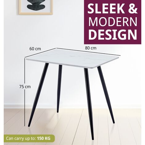 Hallowood Furniture Cullompton Small Dining Table, Rectangular Kitchen Table, White Marble Effect Dining Table with Black Metal Legs, Dining Tables for Home and Café (80x60cm)