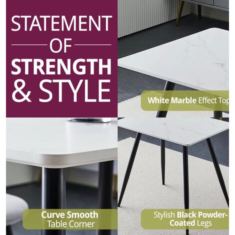 Hallowood Furniture Cullompton Small Dining Table, Rectangular Kitchen Table, White Marble Effect Dining Table with Black Metal Legs, Dining Tables for Home and Café (80x60cm)