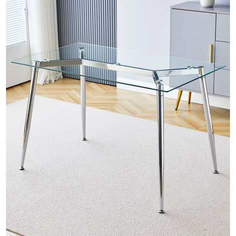 Hallowood Furniture Cullompton Glass Dining Table with Sturdy Chrome Metal Legs, 4-6 Seater Rectangular Table for Dining Rooms, Kitchens, or Cafés, Glass Desk for Office (120x70cm)
