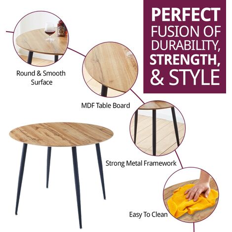 Hallowood Furniture Cullompton Small Dining Table with Oak Effect Top and Black Metal Legs, 2-4 Seater Round Table for Dining Rooms or Cafés, Kitchen Furniture (90cm)