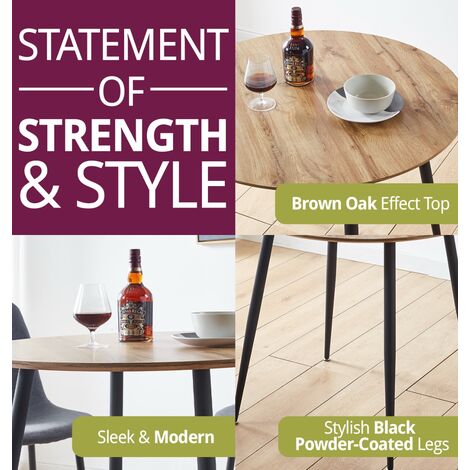 Hallowood Furniture Cullompton Small Dining Table with Oak Effect Top and Black Metal Legs, 2-4 Seater Round Table for Dining Rooms or Cafés, Kitchen Furniture (90cm)
