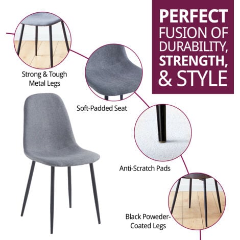 Hallowood Furniture Cullompton Dining Chairs Set of 4 with Black Metal Legs, Modern and Stylish Solid Back Dark Grey Dining Chairs in Fabric Upholstery for Home, Restaurant and Office