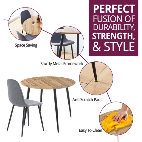 Hallowood Furniture Cullompton Small Round Dining Table and Chairs Set 4, Brown Oak Effect Small Kitchen Table and Grey Fabric Chairs, Round Coffee Table for Home, Office and Café