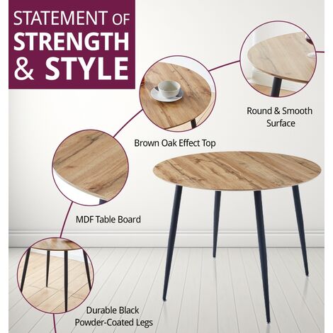 Hallowood Furniture Cullompton Small Round Dining Table and Chairs Set 4, Brown Oak Effect Small Kitchen Table and Grey Fabric Chairs, Round Coffee Table for Home, Office and Café