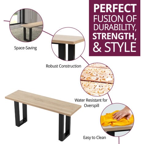 Hallowood Furniture Dudley Dining Bench 120cm with Wooden Top and Black Metal U Shaped Legs, Modern Industrial Style Kitchen Bench Seat for Home Dining Room, Living Space or Café