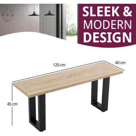 Hallowood Furniture Dudley Dining Bench 120cm with Wooden Top and Black Metal U Shaped Legs, Modern Industrial Style Kitchen Bench Seat for Home Dining Room, Living Space or Café