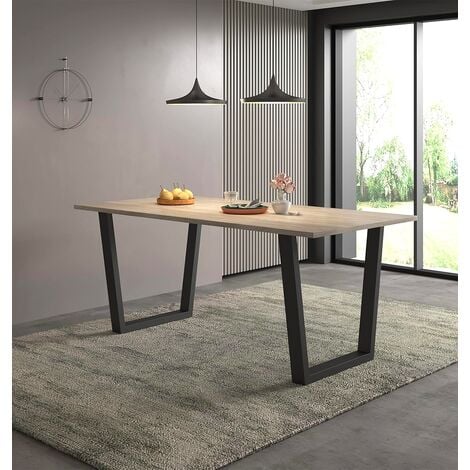 Hallowood Furniture Dudley Large Dining Table with Light Oak Effect Wood Table Top, Dining Table with U Shaped Black Metal Legs, Kitchen Table for 4-6 Persons, Dinner Table (180cm)