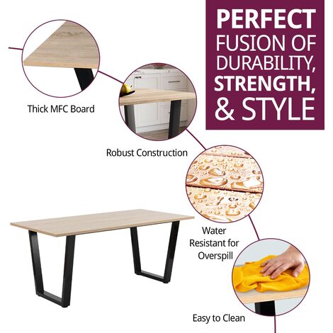 Hallowood Furniture Dudley Large Dining Table with Light Oak Effect Wood Table Top, Dining Table with U Shaped Black Metal Legs, Kitchen Table for 4-6 Persons, Dinner Table (180cm)