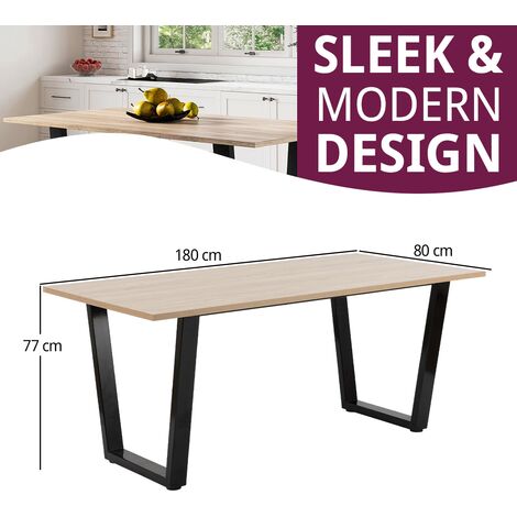 Hallowood Furniture Dudley Large Dining Table with Light Oak Effect Wood Table Top, Dining Table with U Shaped Black Metal Legs, Kitchen Table for 4-6 Persons, Dinner Table (180cm)