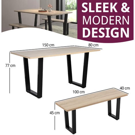 Hallowood Furniture Dudley Dining Table and Bench Set, Industrial Style Dining Table with Black Metal U Shaped Legs (150cm) & 2 Benches, Modern Kitchen Table Dining Room Set